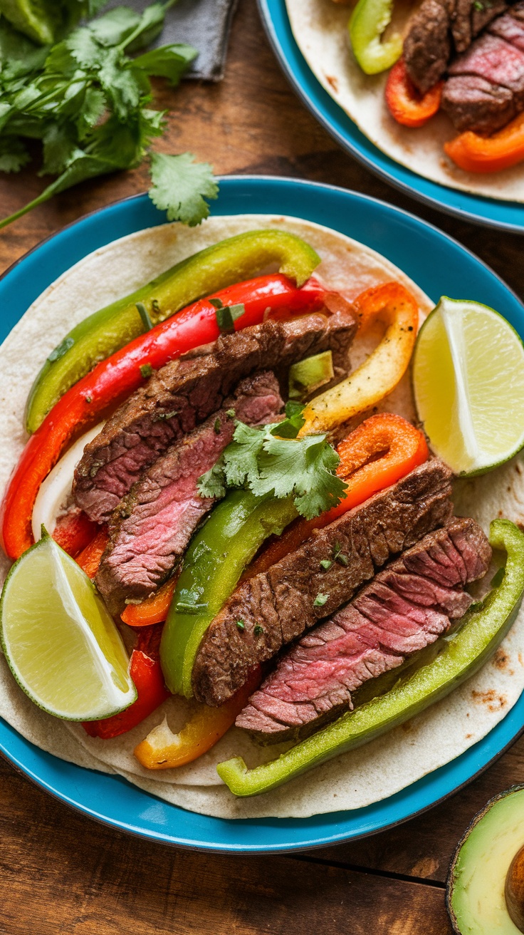 Air fryer steak fajitas with beef, bell peppers, and onions on tortillas, garnished with cilantro and lime.